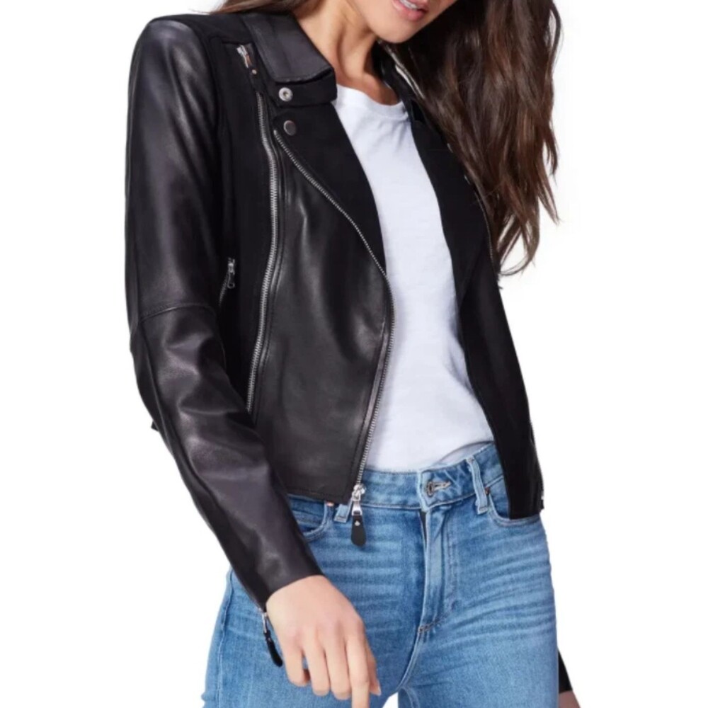 Paige Silvie Leather Moto Jacket Black Cotton Lined Mixed Suede Biker Luxury M